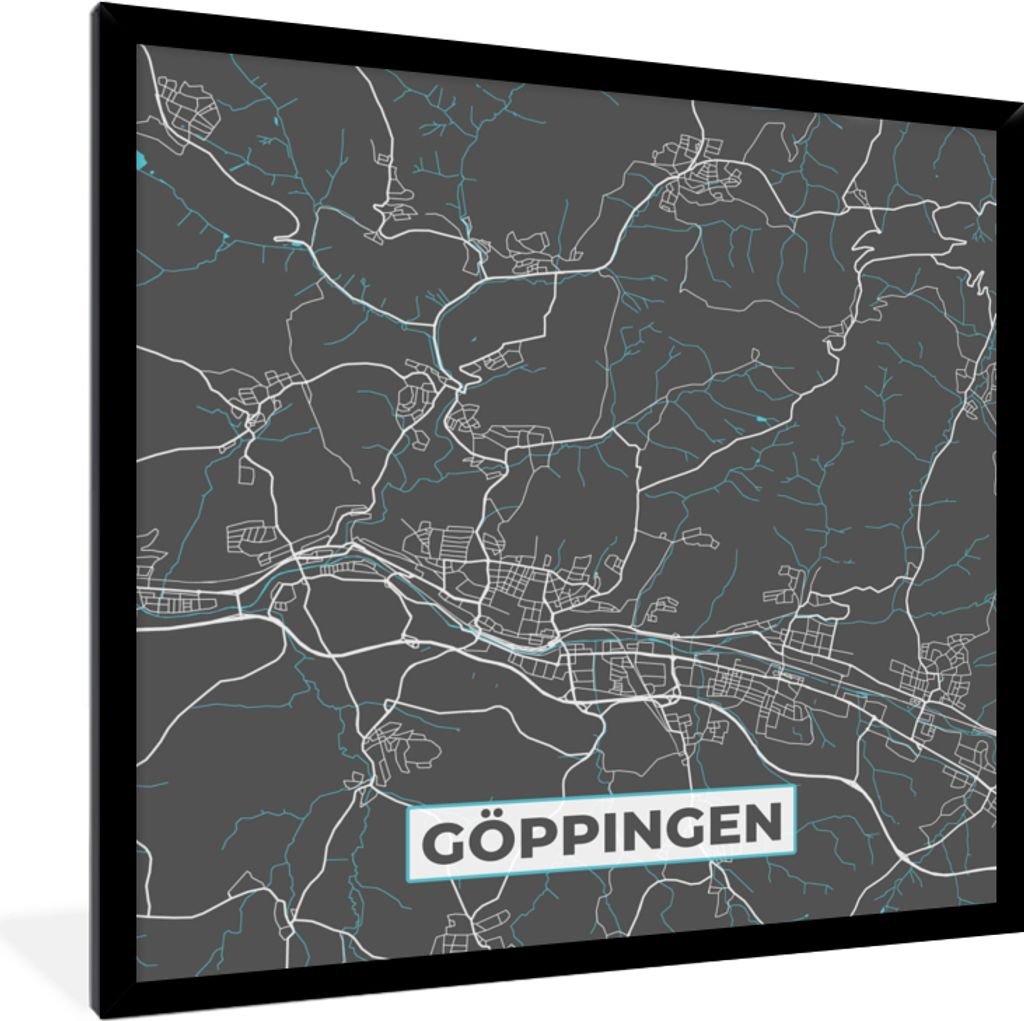 MuchoWow Gerahmtes Poster Stadtplan - Deutschlandkarte - Blau - Göppingen - Karte 40x40 cm - Poster mit Schwarzem Bilderrahmen Wandposter Rahmen...