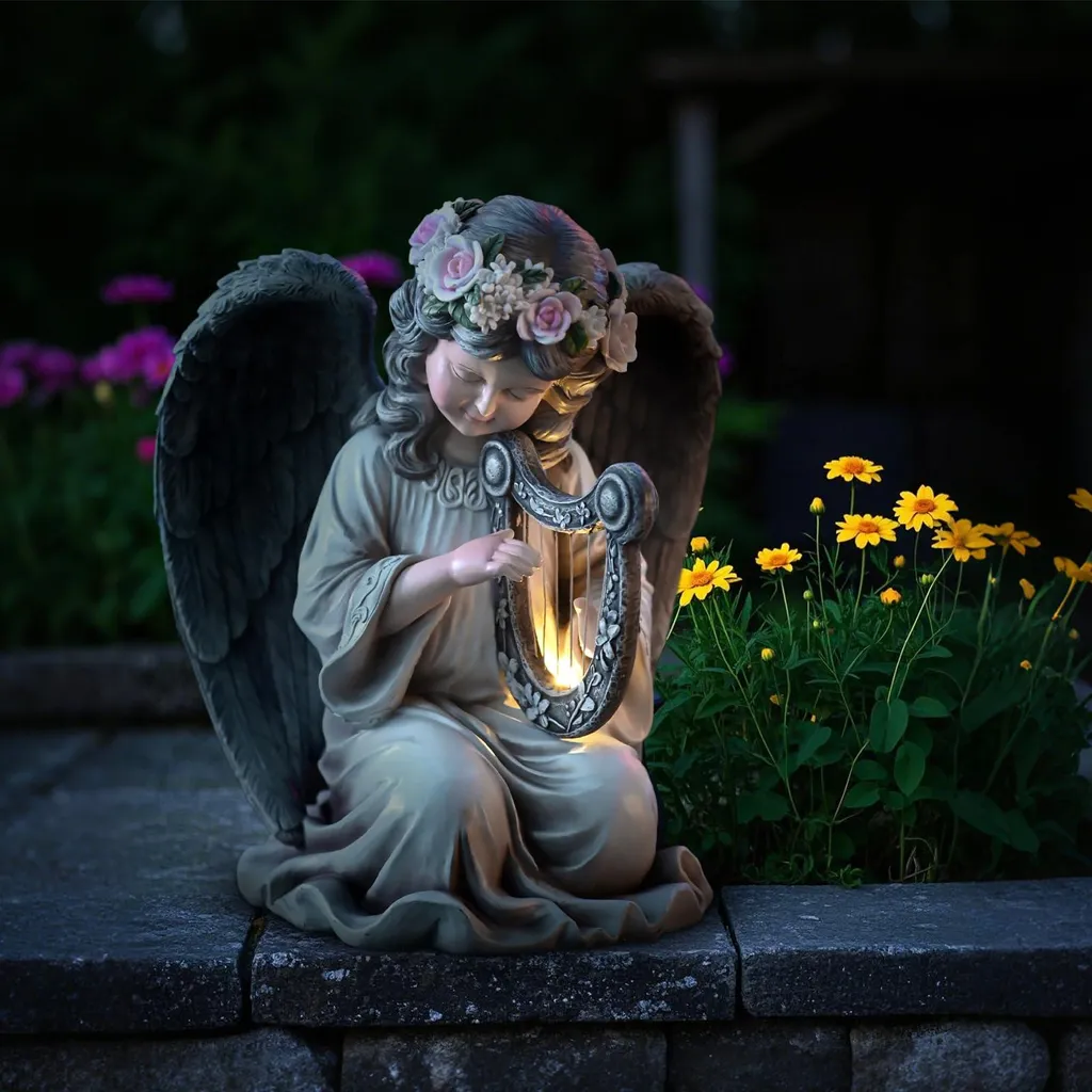 Figurine Ange Solaire Modèle 2 - Statuette Prière LED Jardin 20,5 cm