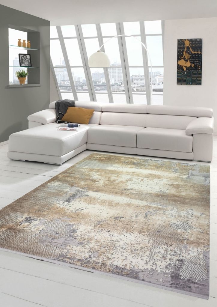 Wollteppich Designerteppich Teppich abstrakt aus Naturfasern in beige grau creme Größe - 80 x 150 cm