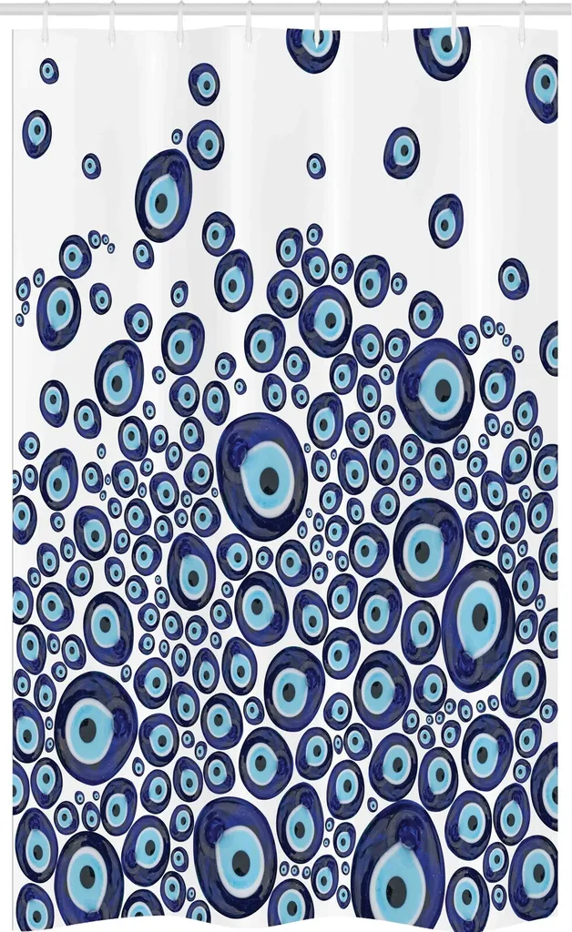 ABAKUHAUS Evil Eye Tenda da doccia stretta, Blue Beads Luck, Set decorativo per bagno in tessuto con ganci, 120 x 180 cm, blu scuro e azzurro