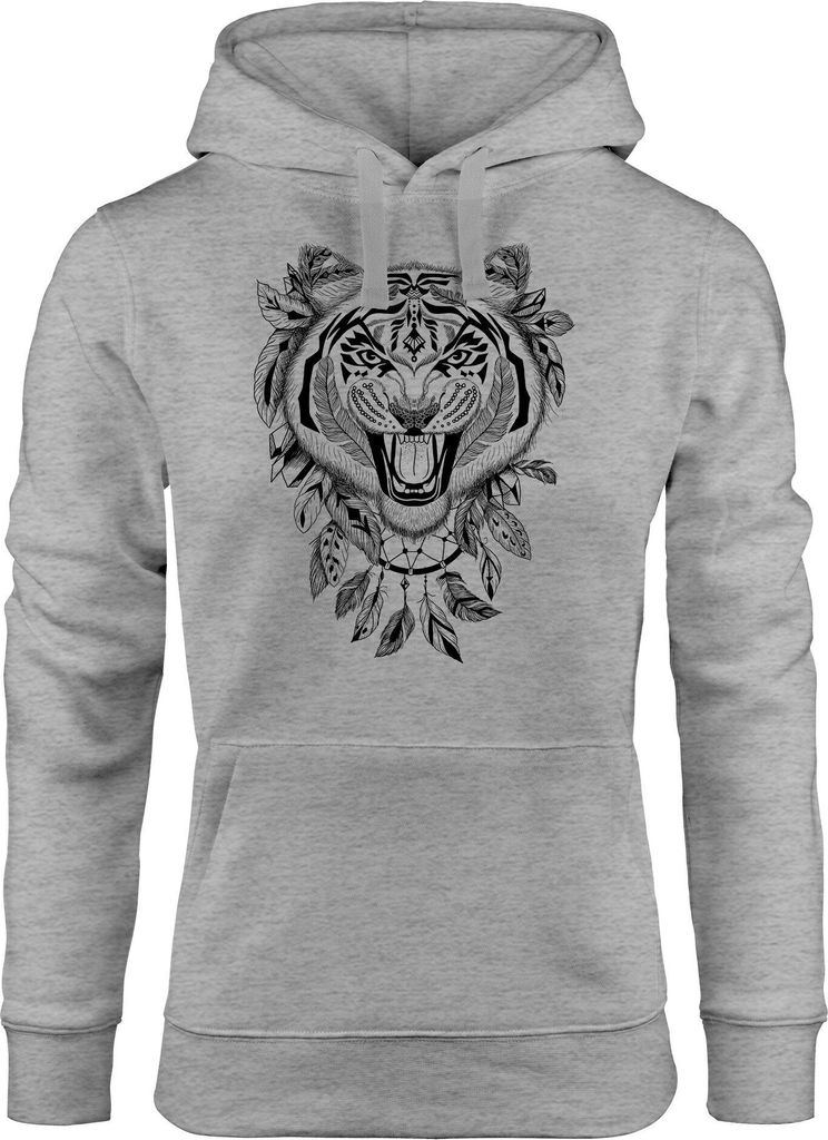Hoodie Damen Tiger Boho Zentangle Bohamian Atzec Federn Traumfänger Kapuzen-Pullover Neverless grau XL