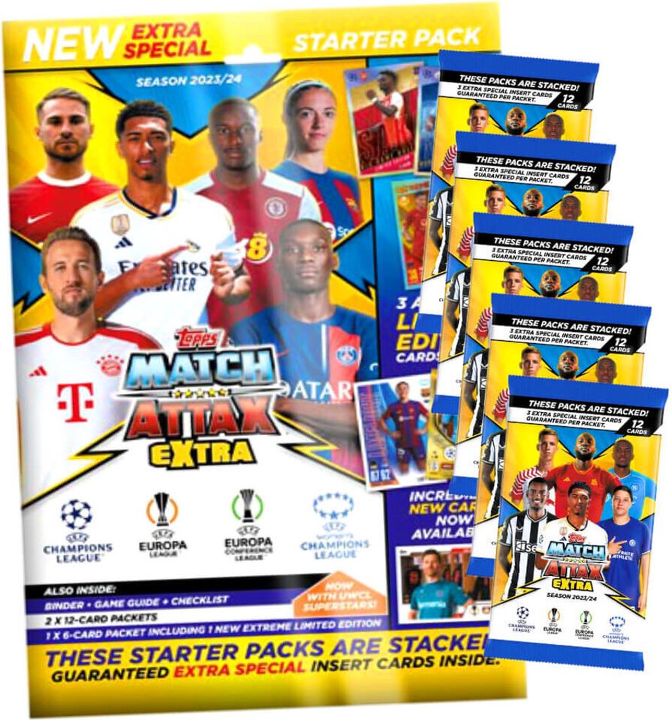 Topps Match Attax Karten Champions League Extra 2023-2024 - 1 Starter + 5 Booster Sammelkarten