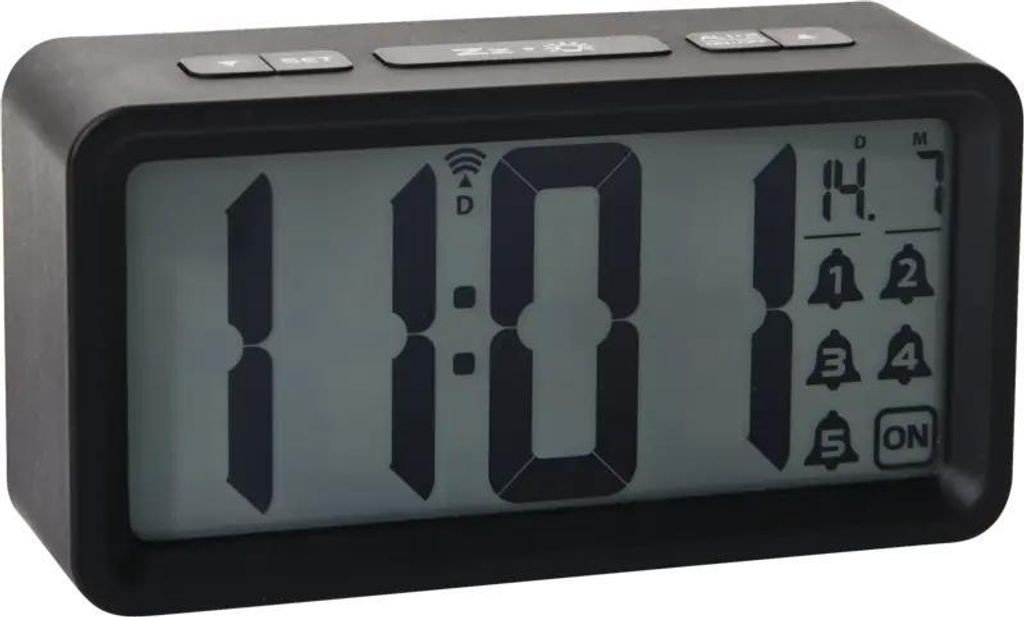 A black digital alarm clock with a gray screen displaying the time and date.