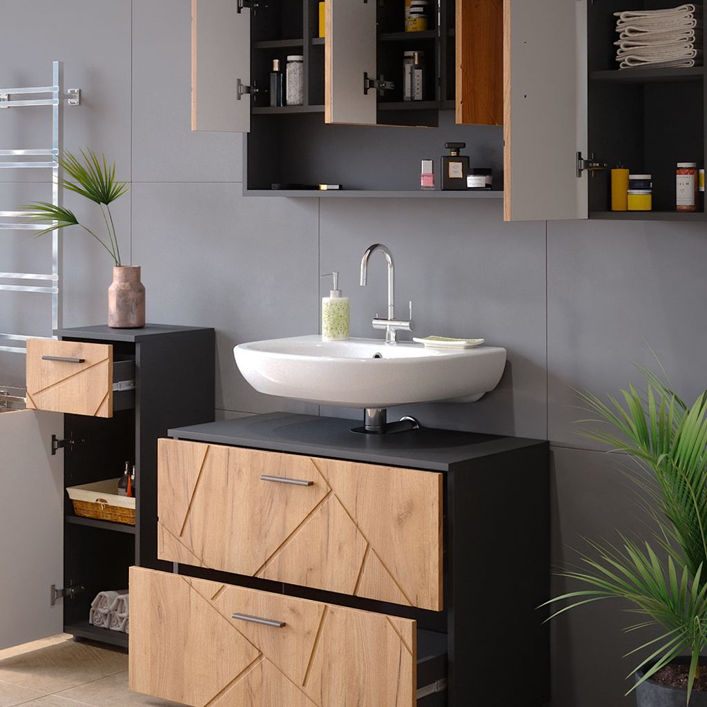 Meuble Sous-vasque De Salle De Bain Vicco Irma – Couleur Anthracite/chêne – 60 Cm – Neuf