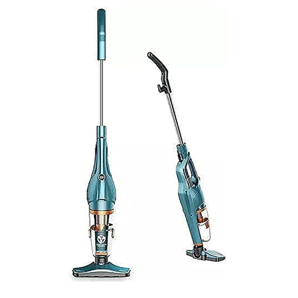 Two views of a teal cordless stick vacuum cleaner against a white background.