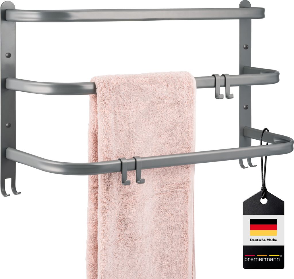 bremermann Wand-Handtuchhalter, 3 gestufte Ablagen, Handtuchstange zur Wandmontage, grau