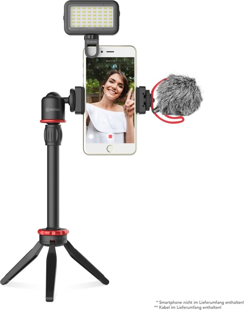 Walimex pro Boya VG350 Smartphone Video Kit - 100 x 26 x 26 mm / 2 kg Tragkraft - mit Mikrofon, Stativ, Smartphone Halterung und Leuchte - Video Zu...