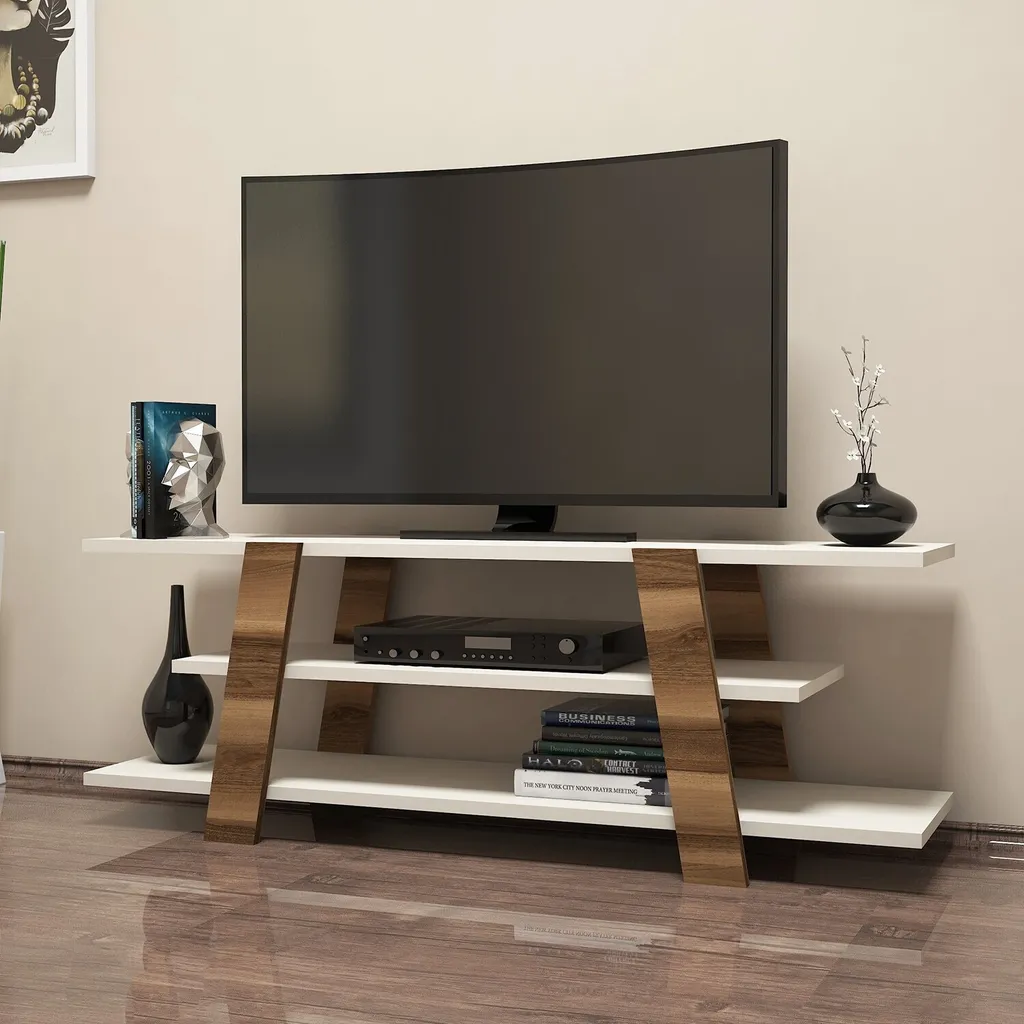 Meuble TV Flower 120 cm en Mélaminé Noyer et Crème Haute Qualité