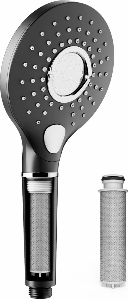A black and silver hand showerhead with a filter cartridge shown separately.