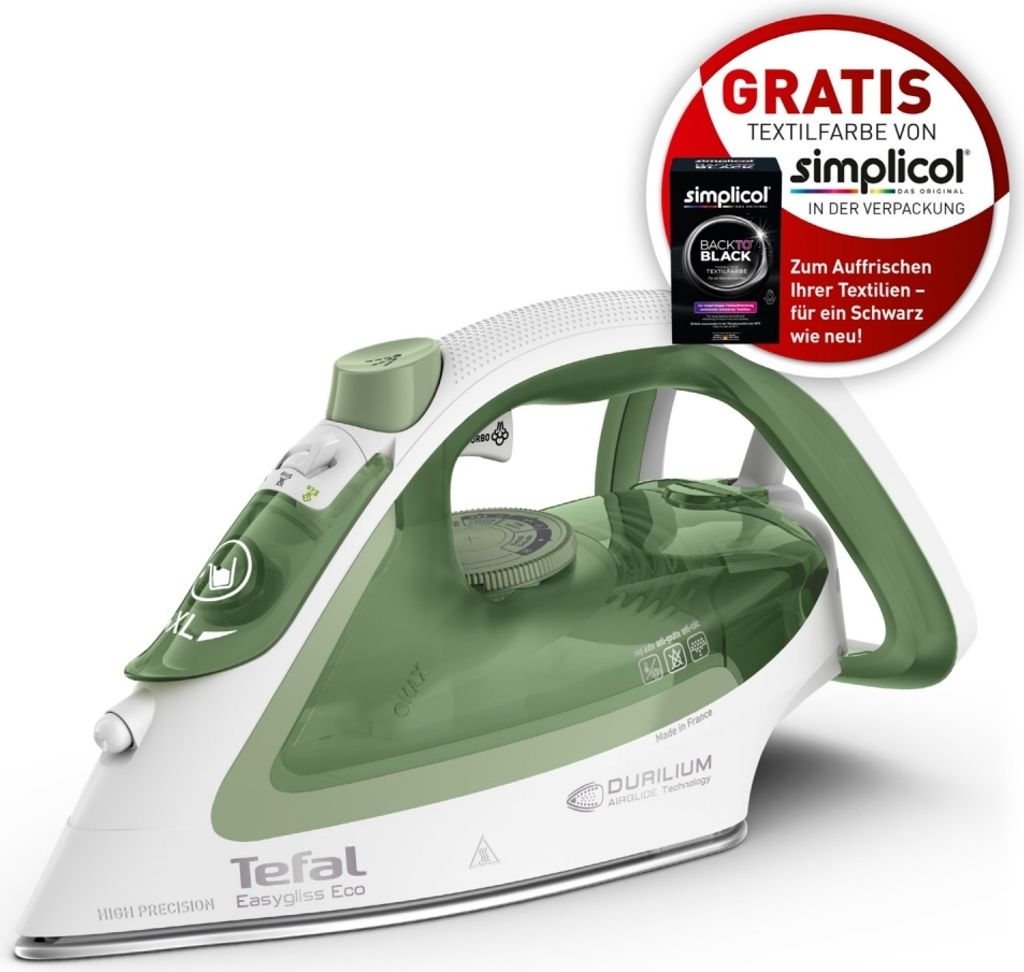 A Tefal steam iron is shown against a white background, with a promotional overlay indicating a free textile dye.
