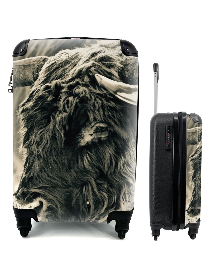 MuchoWow Koffer Handgepäck Trolley Rollkoffer Kleine Reisekoffer mit 4 Rollen - Schottischer Highlander - Schnee - Hörner - Cabin Size < 55x40x...