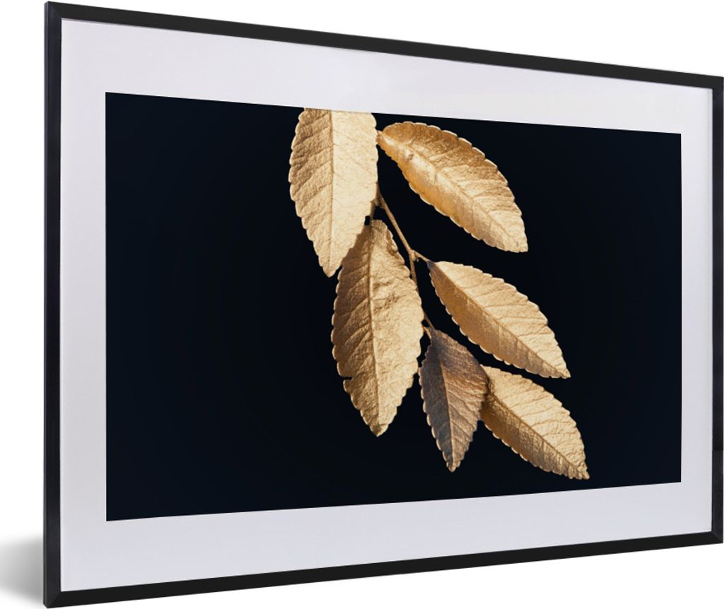 MuchoWow Gerahmtes Poster Blätter - Schwarz - Gold - Luxus - Pflanzen 60x40 cm - Poster mit Schwarzem Bilderrahmen Wandposter Rahmen Foto Bilder...