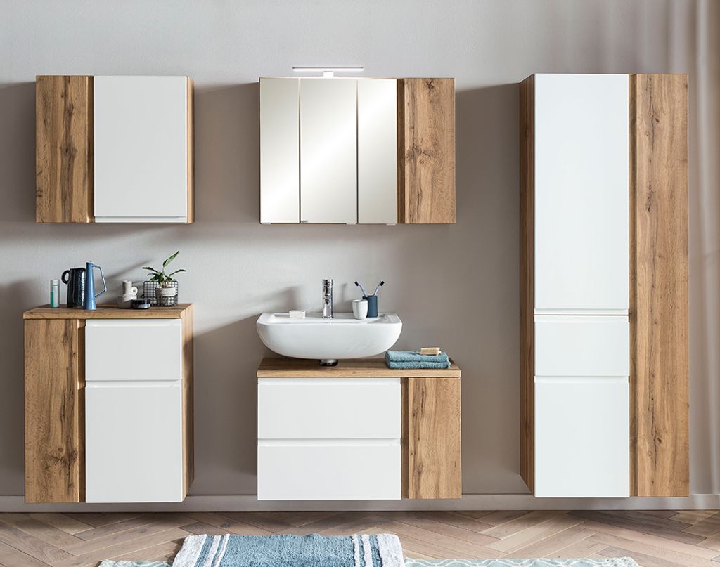 Badezimmermöbel Set, stehend oder hängend, in Wotan Eiche Nb. mit weiß matt, VASTO-03-WHITE, B/H/T ca. 245/200/35 cm