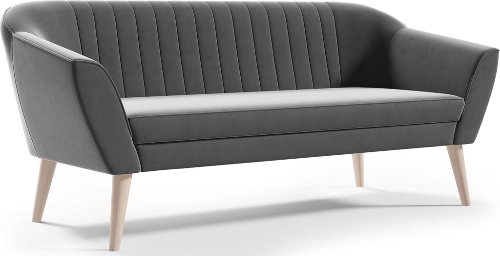 GUTTO Sofa 3 Sitzer -- SUZI -- Grau Sitzbank Samt Holzfüße Schnelle Lieferung skandinavischer Stil - schöne Steppung