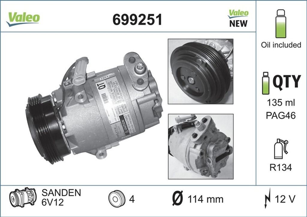 VALEO 699251 6V12 Klimaanlage Klimakompressor PAG 46 R134a Produktbild 