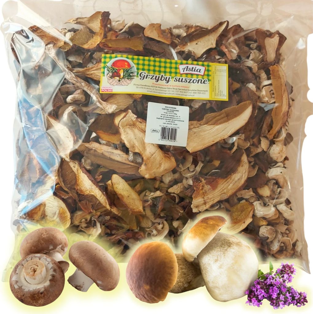 A bag of dried mixed mushrooms with some fresh mushrooms and herbs at the bottom.