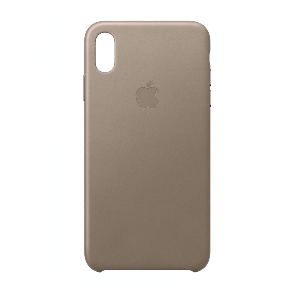 A back view of a brown iPhone case with the Apple logo.