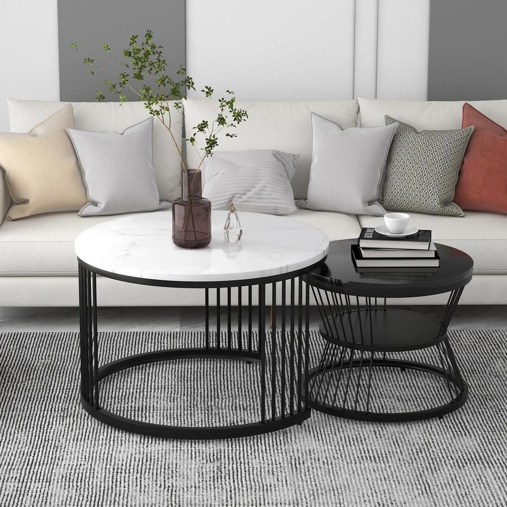Runde Satztische fürs Wohnzimmer - Couchtisch 2er-Set - Mit Stauraum - Moderner Industrial-Stil - 70x70x45 cm - Schwarz