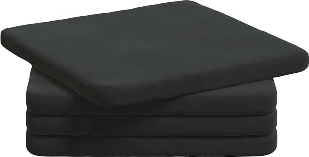 A stack of black seat cushions.