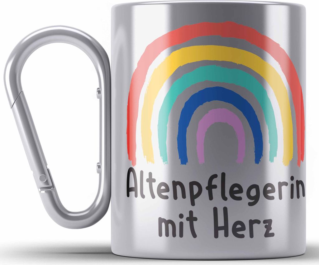 Trendation - Altenpflegerin mit Herz Edelstahl Tasse Karabiner Geschenk mit Spruch Karabiner Edelstahl Tasse Karabiner Edelstahl Zubehör Dankesch...