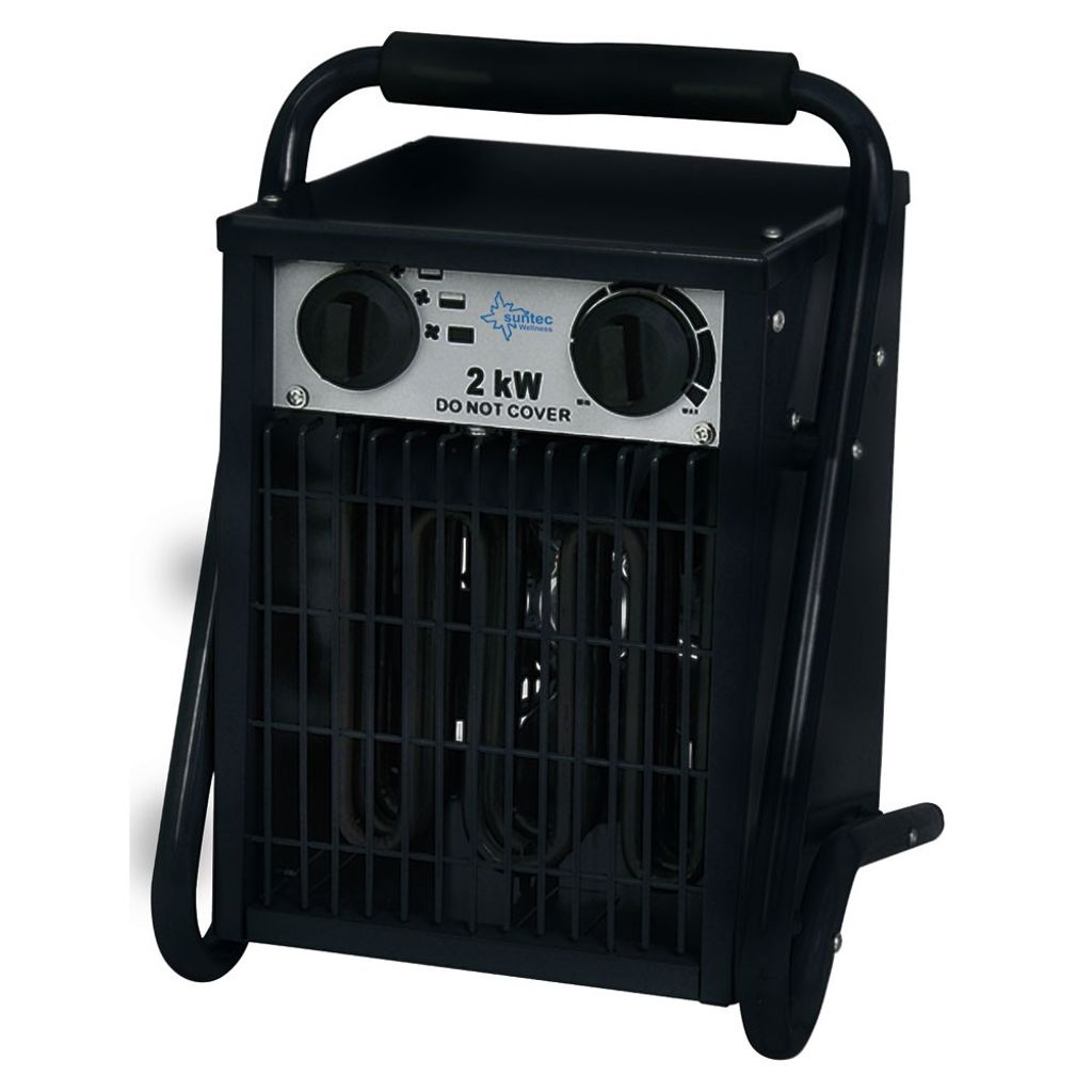 A black portable electric heater with a handle and wheels.