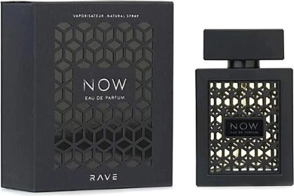 A black perfume box and bottle are displayed side-by-side against a white background.