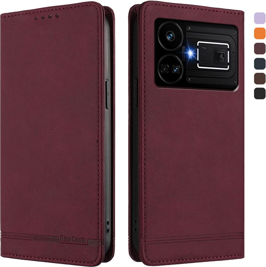 Hülle für Realme GT5 5G, Retro Kunstleder Ständer Klapphülle mit Kartenfächer und Magnetische Rot