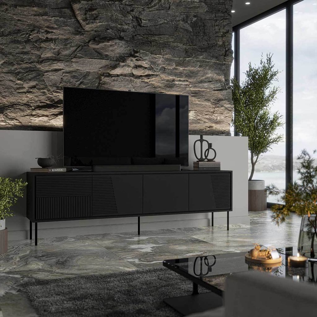 TV Lowboard Fernsehschrank Fernsehtisch ABI 200 schwarz matt 200x62x38cm