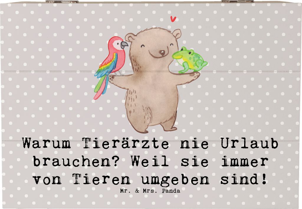 Mr. & Mrs. Panda Holztruhe Tierarzt Freude 22 x 15 cm - Grau Pastell - Geschenk, Berufe, Warum Tierärzte nie Urlaub brauchen, fotobox, Tierliebhab...