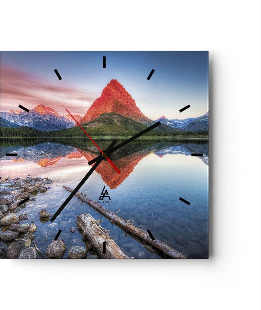 Wanduhr - Quadrat - Glasuhr - See Berge Spiegelung - 30x30cm - Schleichendes Uhrwerk - Lautlos - zum Aufhängen bereit - Dekoration Modern - Wandde...