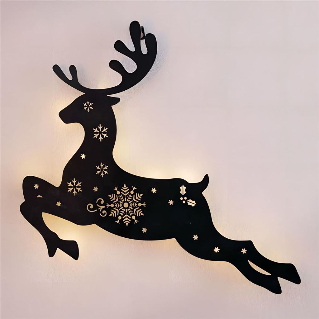 Wanddeko "Rentier" mit LED Beleuchtung aus Metall, schwarz, 52x44 cm, Weihnachtsdeko, Wandbild, Metalldeko, Wandschmuck