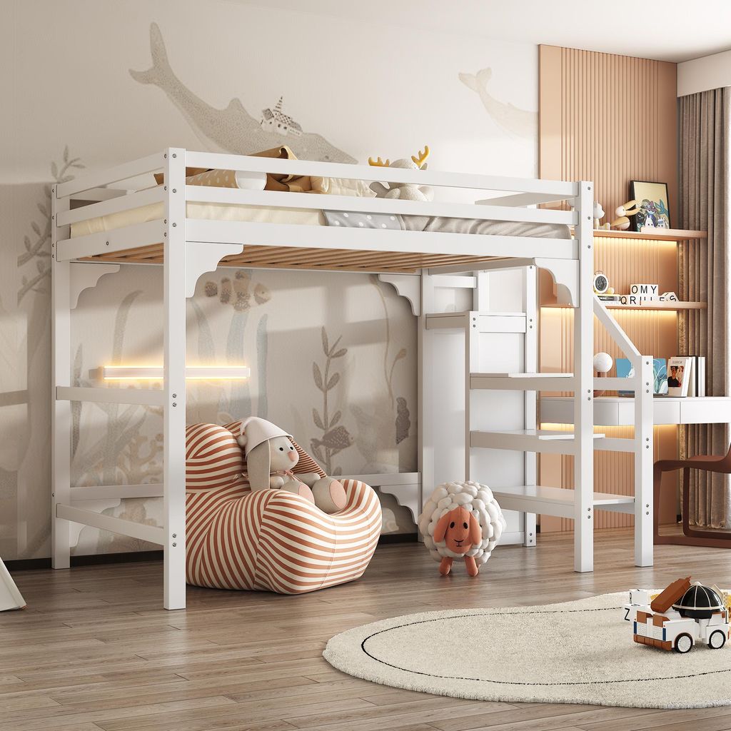 Hochbett mit Stufen und Kleiderschrank, Platzsparend mit Produktbild 