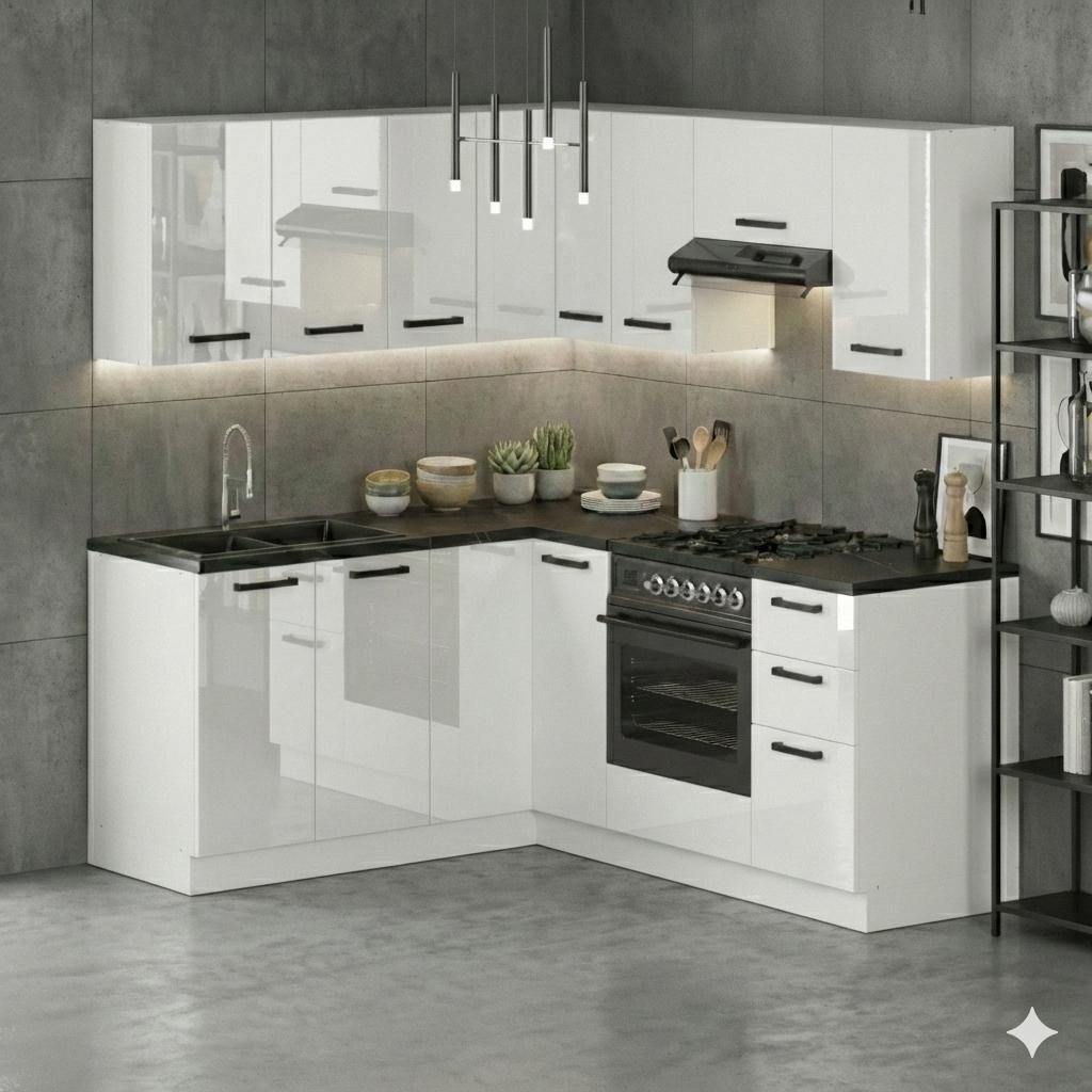 ULWEHOME Küchenmöbel Eckküchen-Set „Milan“ | Unterschrank - Regal - Arbeitsplatte - Eckküchenzeile | Weiß Hochglanz 300 cm