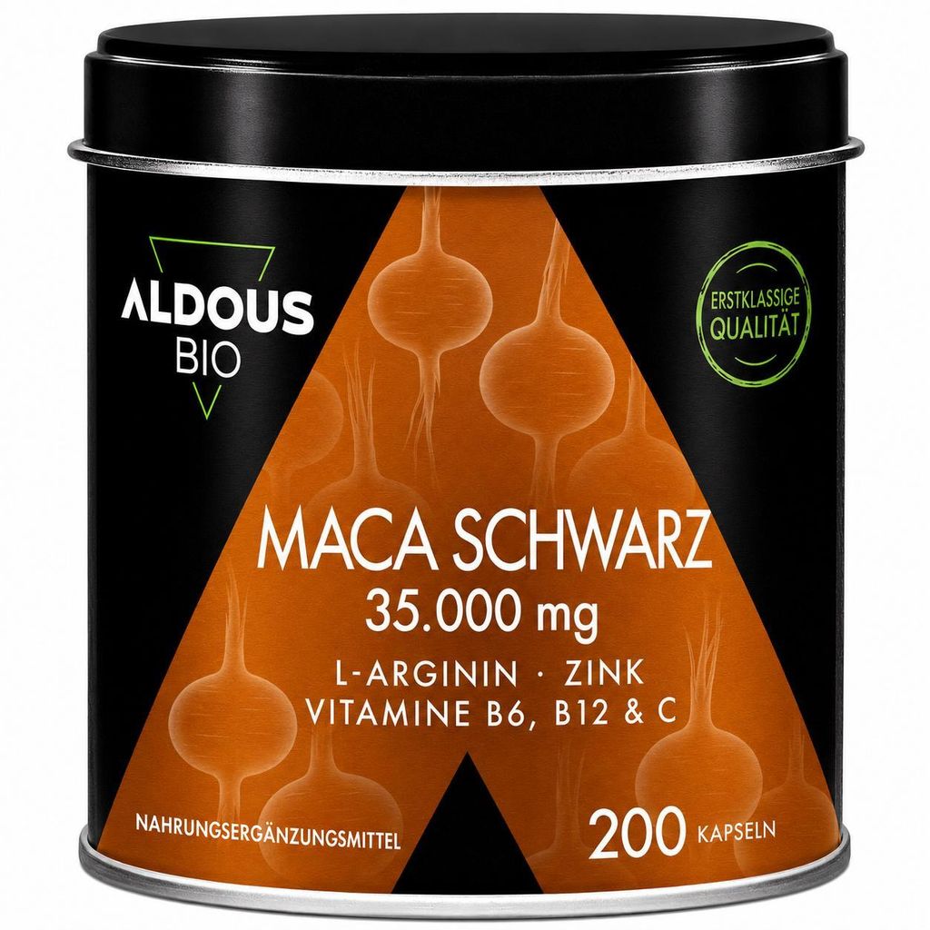 Maca Kapseln 20:1 hochdosiert (schwarz) 35.000 mg je Tagesdosis - 200 Kapseln mit Arginin, Zink, Vitamin C, B12 und B6 - Energie, Vitalität