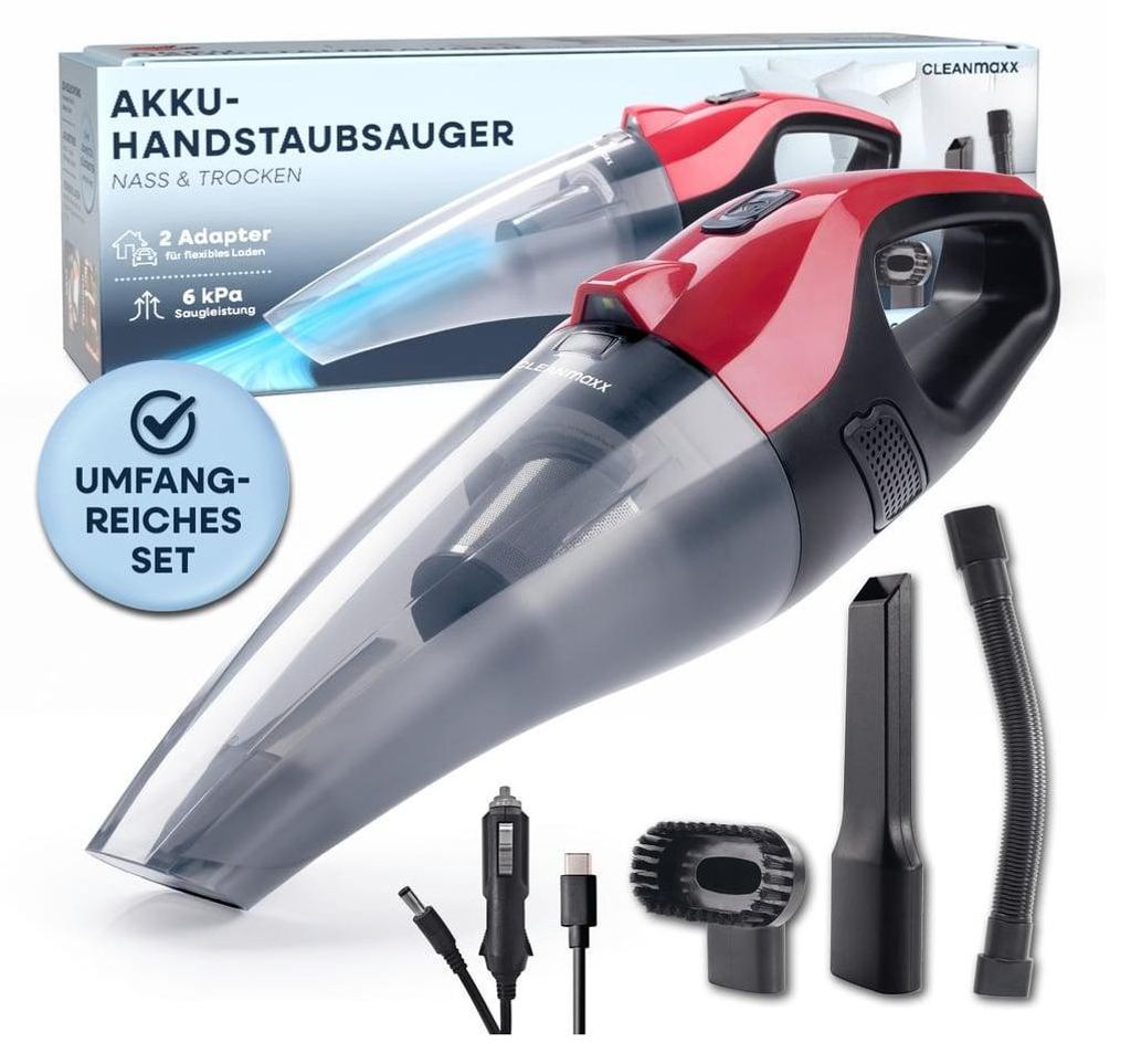A product shot of a handheld vacuum cleaner with accessories and packaging in the background.