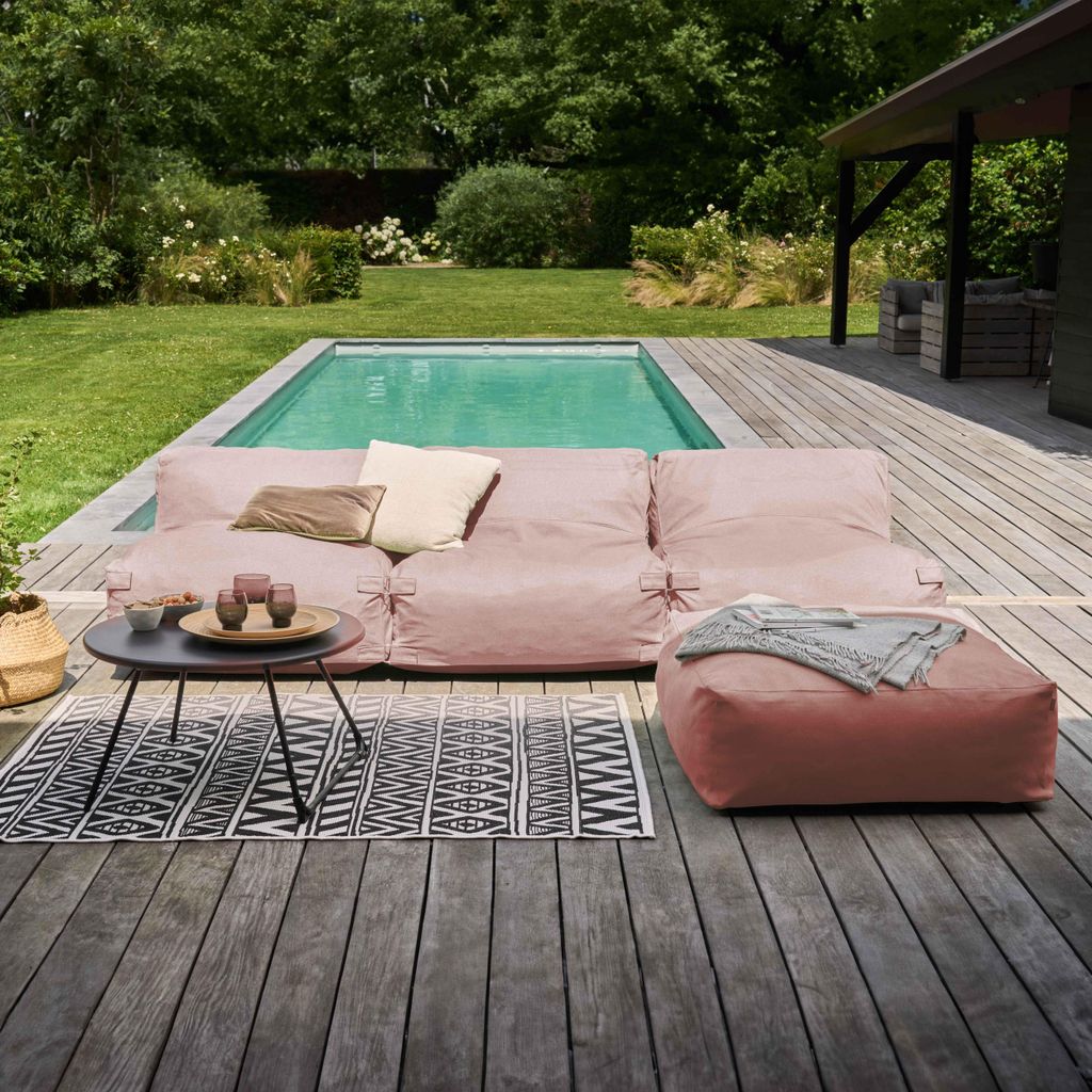Modulares Ecksofa mit 3 Sesseln und 1 puderrosa Hocker - Oviala Mixi