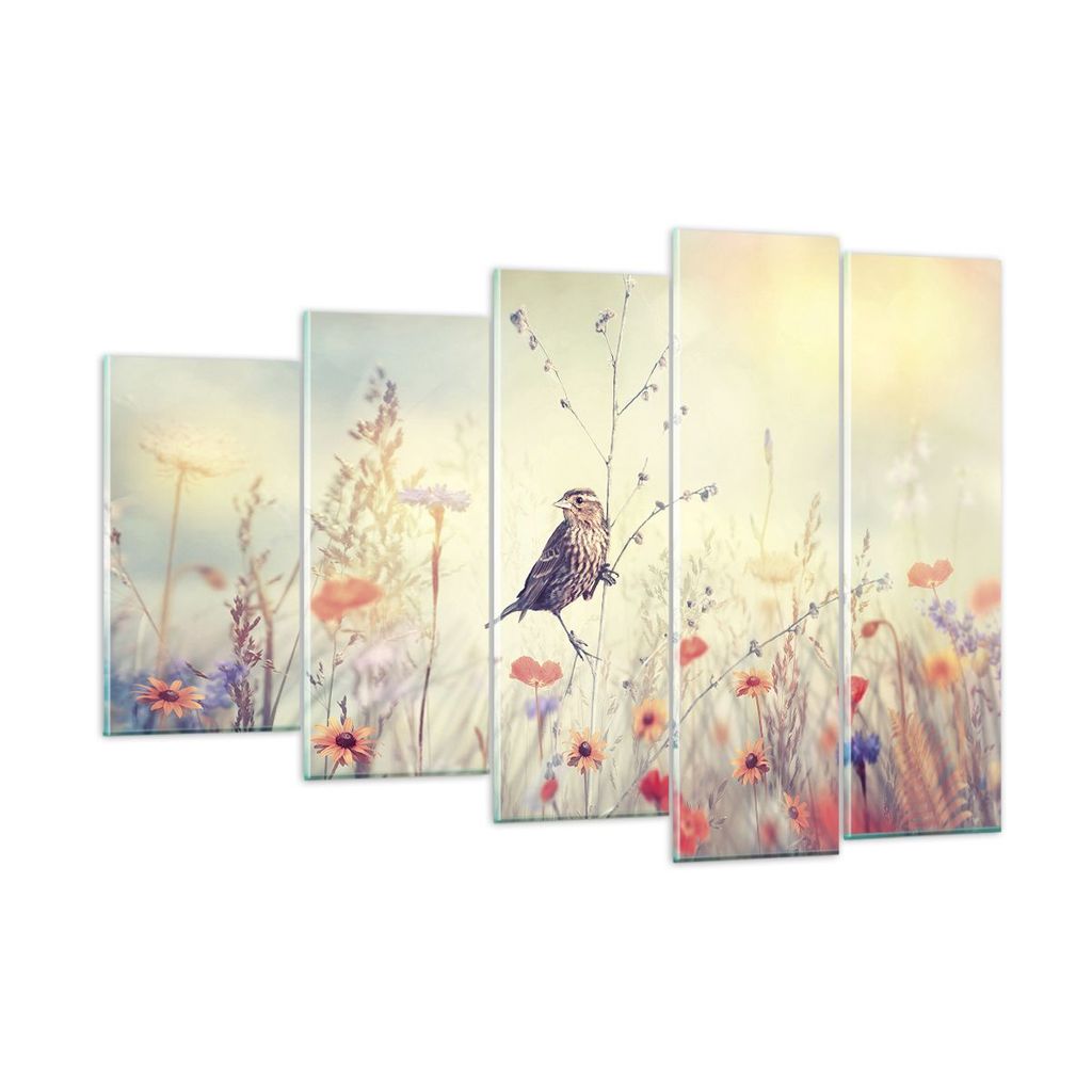 Bilder auf glas - 5 Teile - Vogel Wildschwein Wiese - 150x100cm - Glasbilder - Wandbilder - Bilder - zum Aufhängen bereit - Wanddekoration aus Gla...