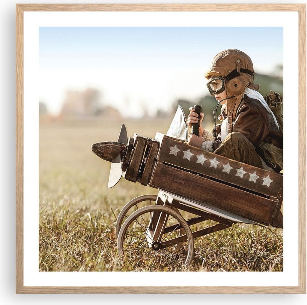Gerahmtes Poster - Rahmen in heller Eiche - Kindheit Flugzeug Spielzeug - 60x60 cm - Wand Bild - Wanddeko - Wandbilder - Kunstposter - Wandposter -...