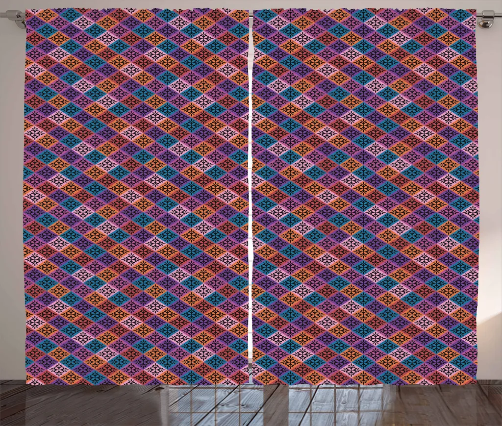 ABAKUHAUS Tenda geometrica rustica, Vintage Simplistic Argyle, Tenda con passanti e ganci per camera da letto, 280 x 175 cm, multicolore