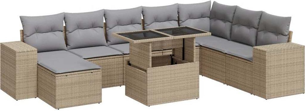 9-tlg. Garten-Sofagarnitur mit Kissen Beige Poly Rattan