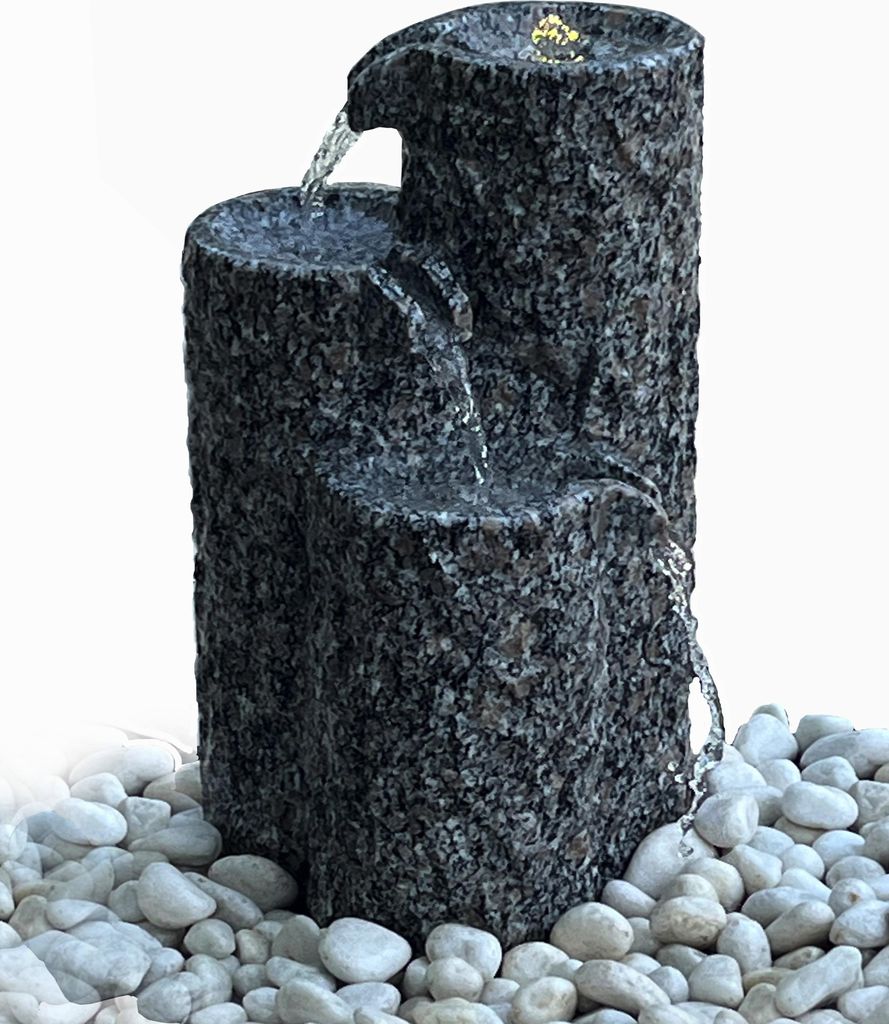 Dehner Gartenbrunnen Heidelberg, Outdoor-Brunnen mit warmweißer LED Beleuchtung, 28 x 42 x 28 cm, Granit, grau