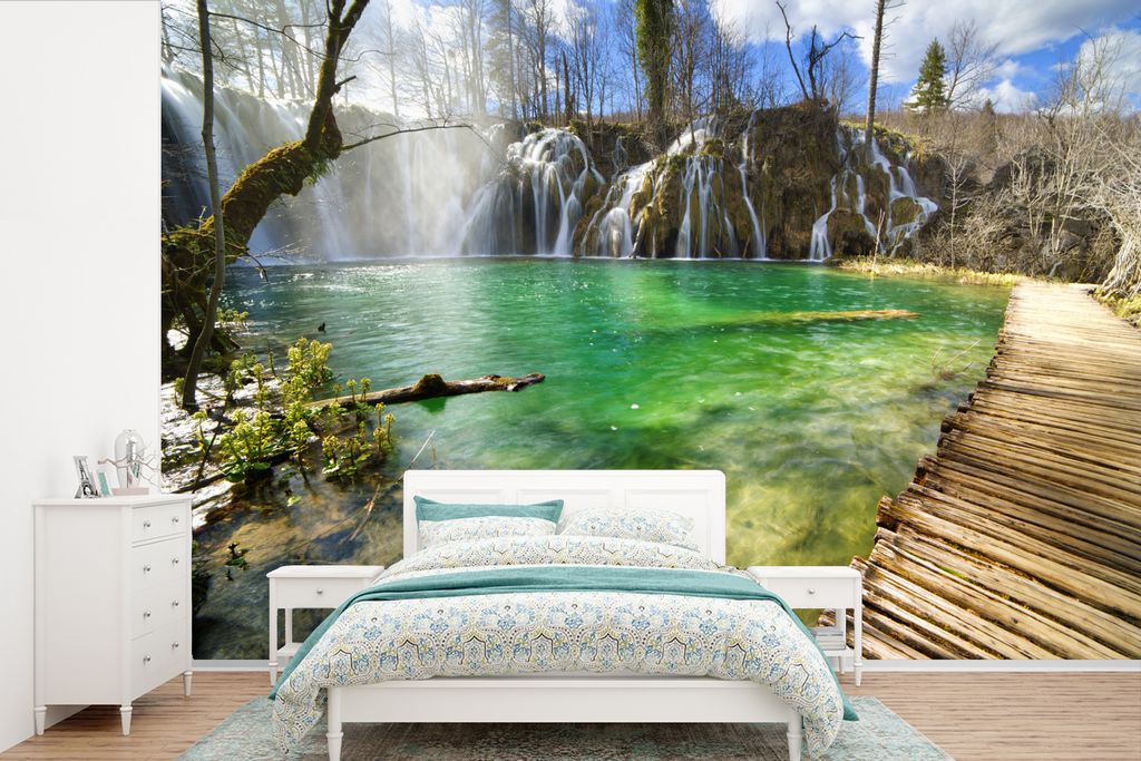 MuchoWow Fototapete für Wohnzimmer oder Schlafzimmer Wandtapete Vinyl Motivtapete Der Nationalpark Plitvicer Seen im Frühling - 330x220 cm - Fo...