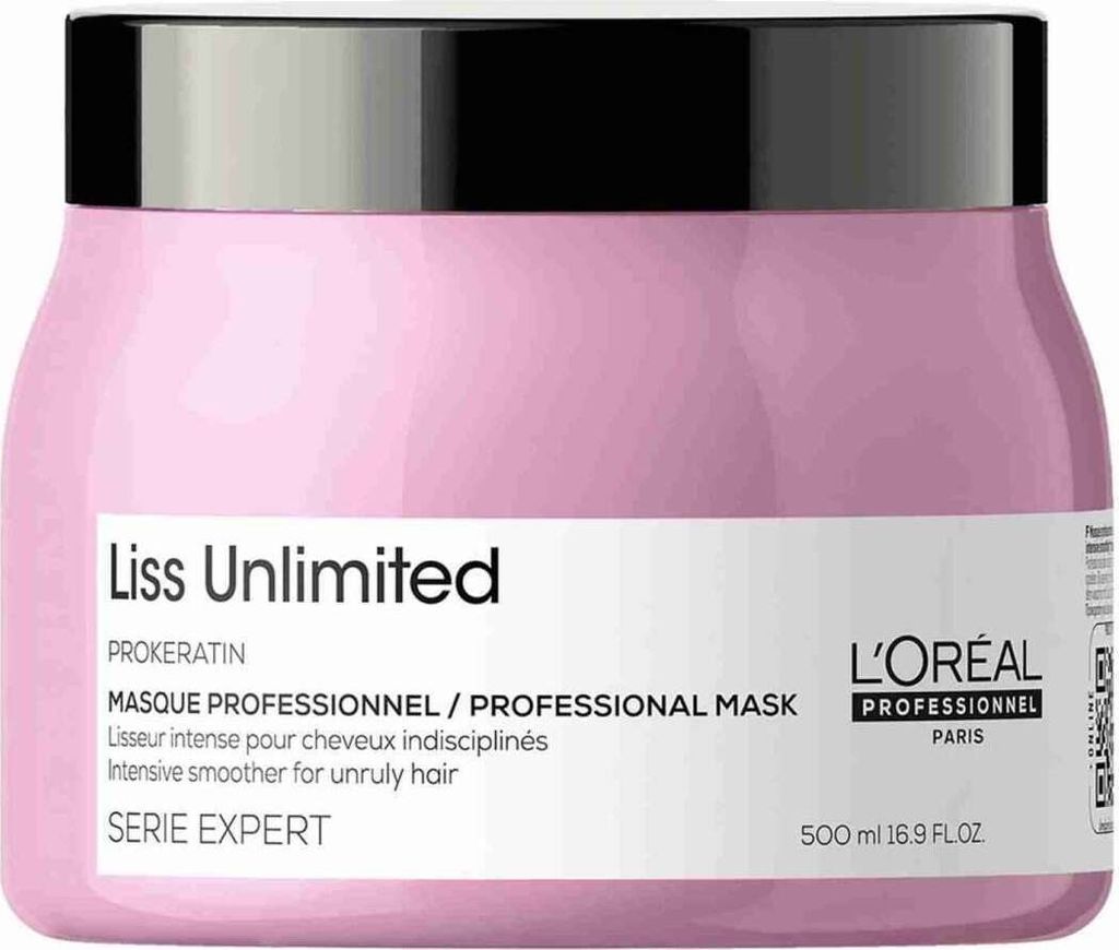 A pink jar of L'Oréal Liss Unlimited hair mask with a black lid, set against a white background.