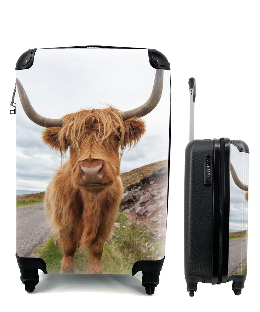 MuchoWow Koffer Handgepäck Trolley Rollkoffer Kleine Reisekoffer mit 4 Rollen - Schottischer Hochländer - Kuh - Landschaft - Cabin Size < 55x40...