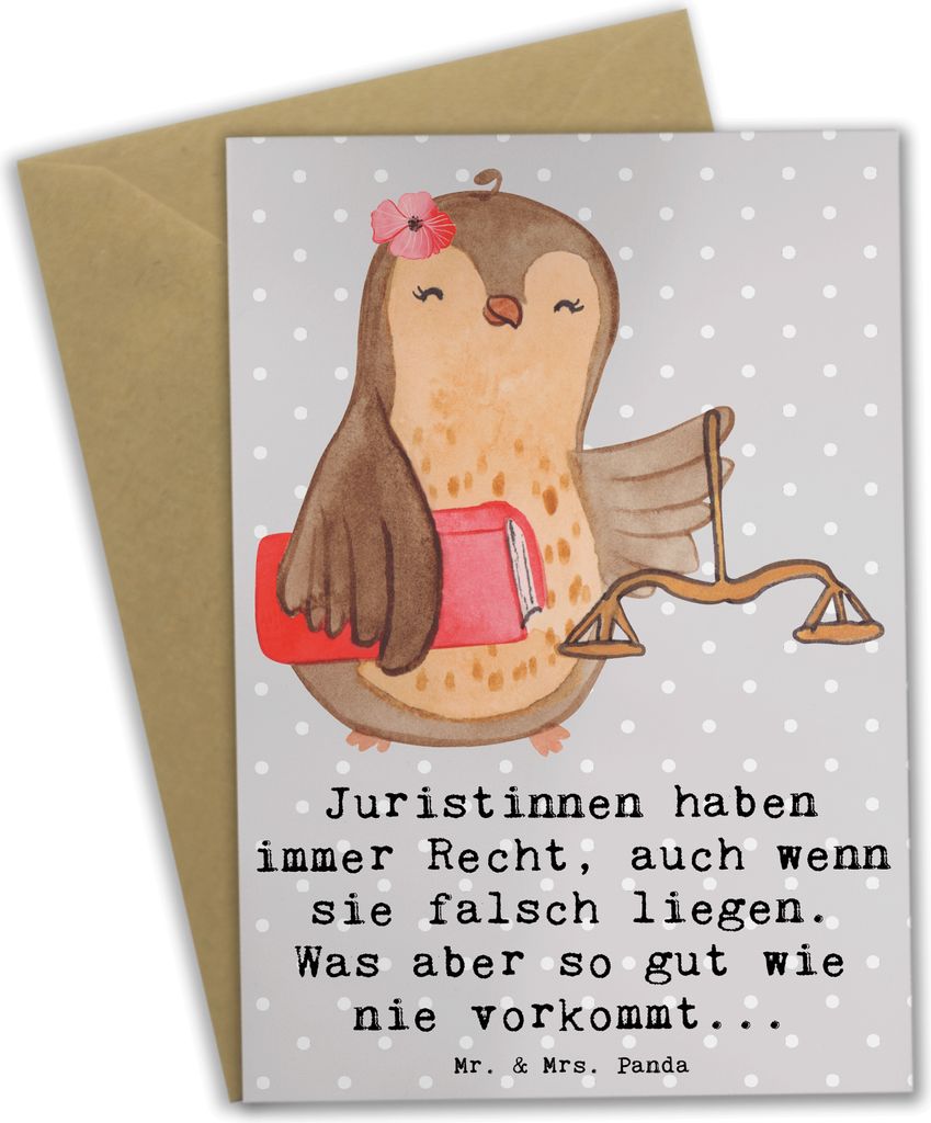 Mr. & Mrs. Panda Grußkarte Juristin Recht - Grau Pastell - Geschenk, Paragraphen, Gesetz, Jura, osterkarten, Anwältin, einladungskarten, weihnach...