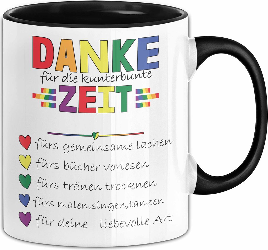 Erzieherin Abschiedsgeschenk Tasse Abschied Kindergarten Geschenkidee Kaffee-Becher Spruch Danke Für Die Kunterbunte Zeit (Schwarz)