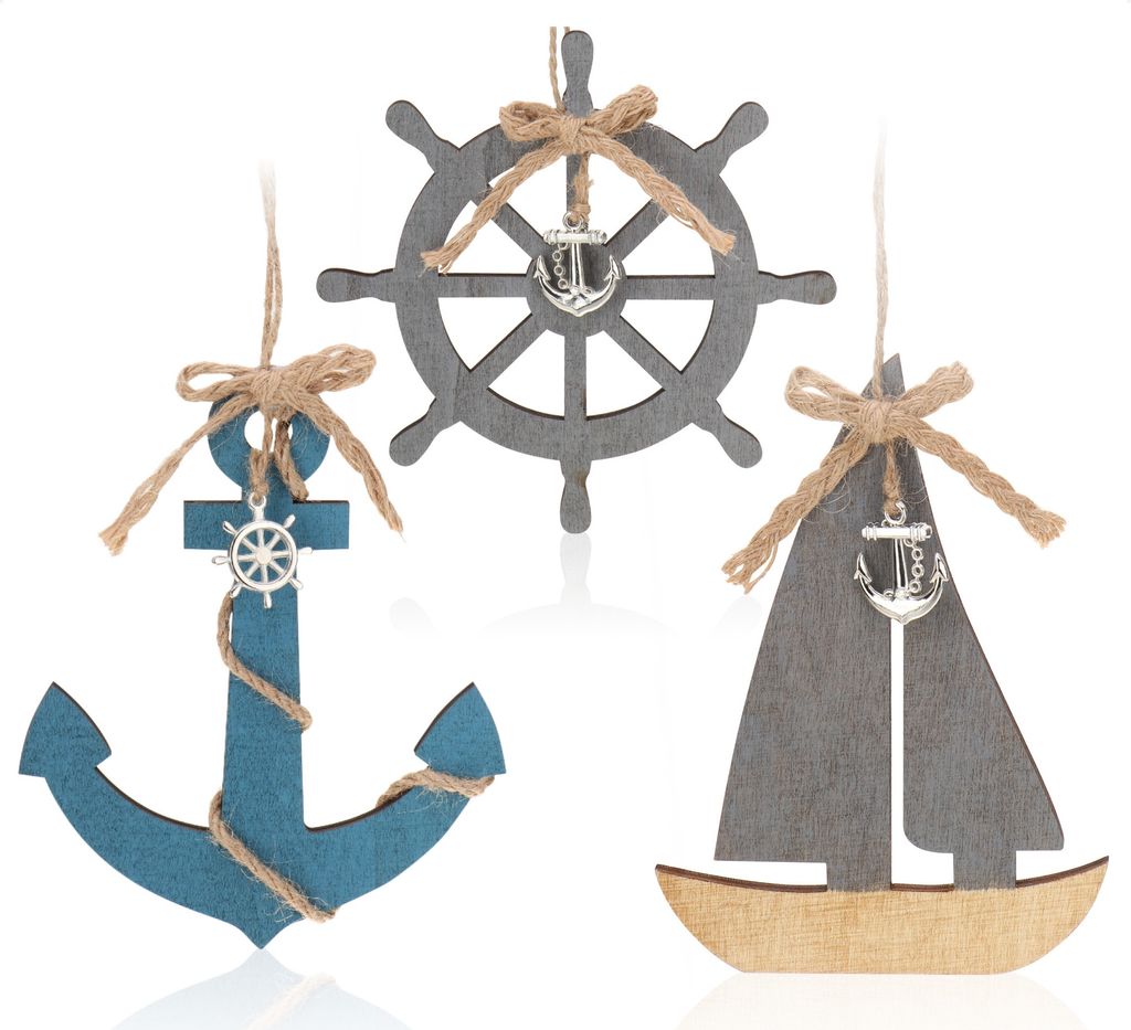 com-four 3x Hängedeko mit Boot, Steuerrad und Anker aus Holz - Schifffahrt Deko zum Aufhängen - Maritime Hängedeko für zu Hause