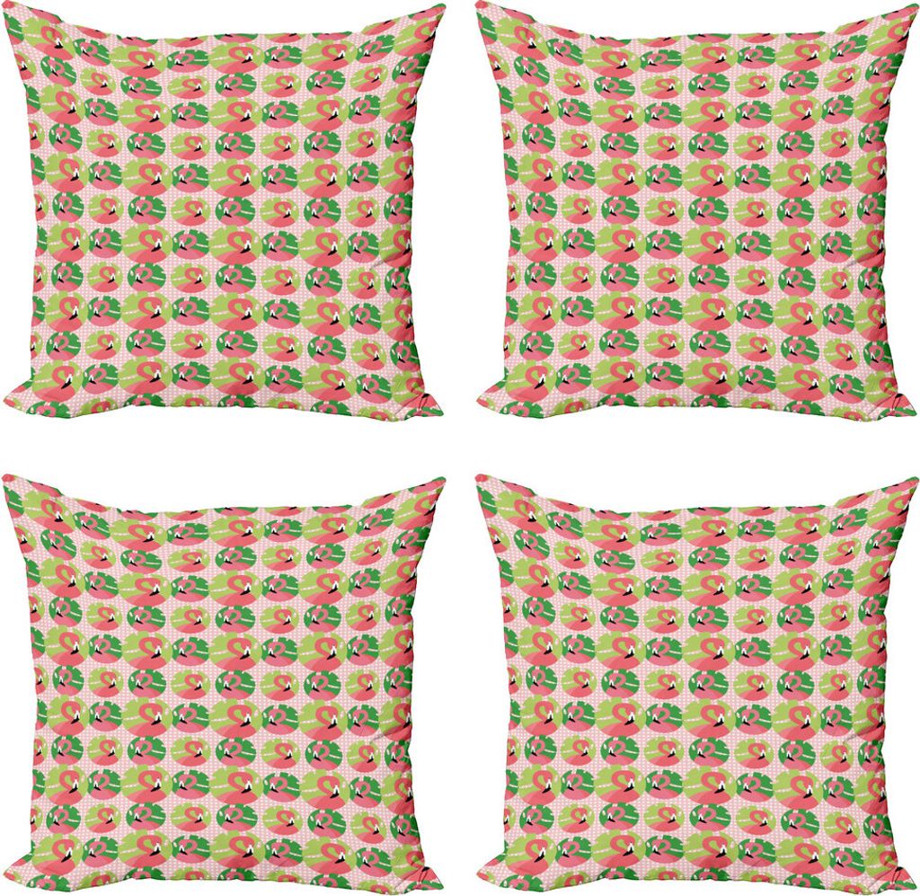 ABAKUHAUS Exotisch Kissenbezug Set (4 Stück), Flamingo in Childish Entwurf, Moderner Doppelseitiger Digitaldruck, 45 cm x 45 cm, Farn-Grün und Rosa