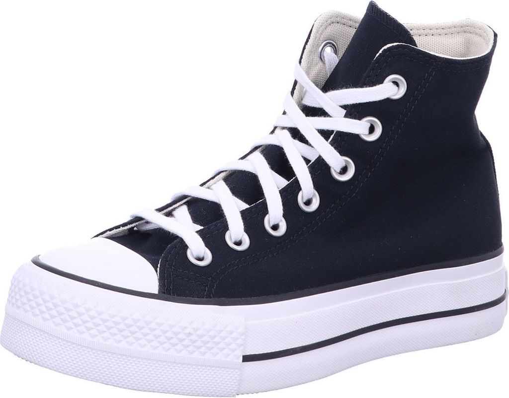 A black Converse Chuck Taylor All Star high-top sneaker with a white platform sole and white laces, shown against a white background.