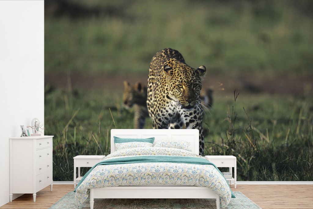 MuchoWow Fototapete für Wohnzimmer oder Schlafzimmer Wandtapete Vinyl Motivtapete Panther in der Savanne in Kenia - 600x400 cm - Vinyltapeten